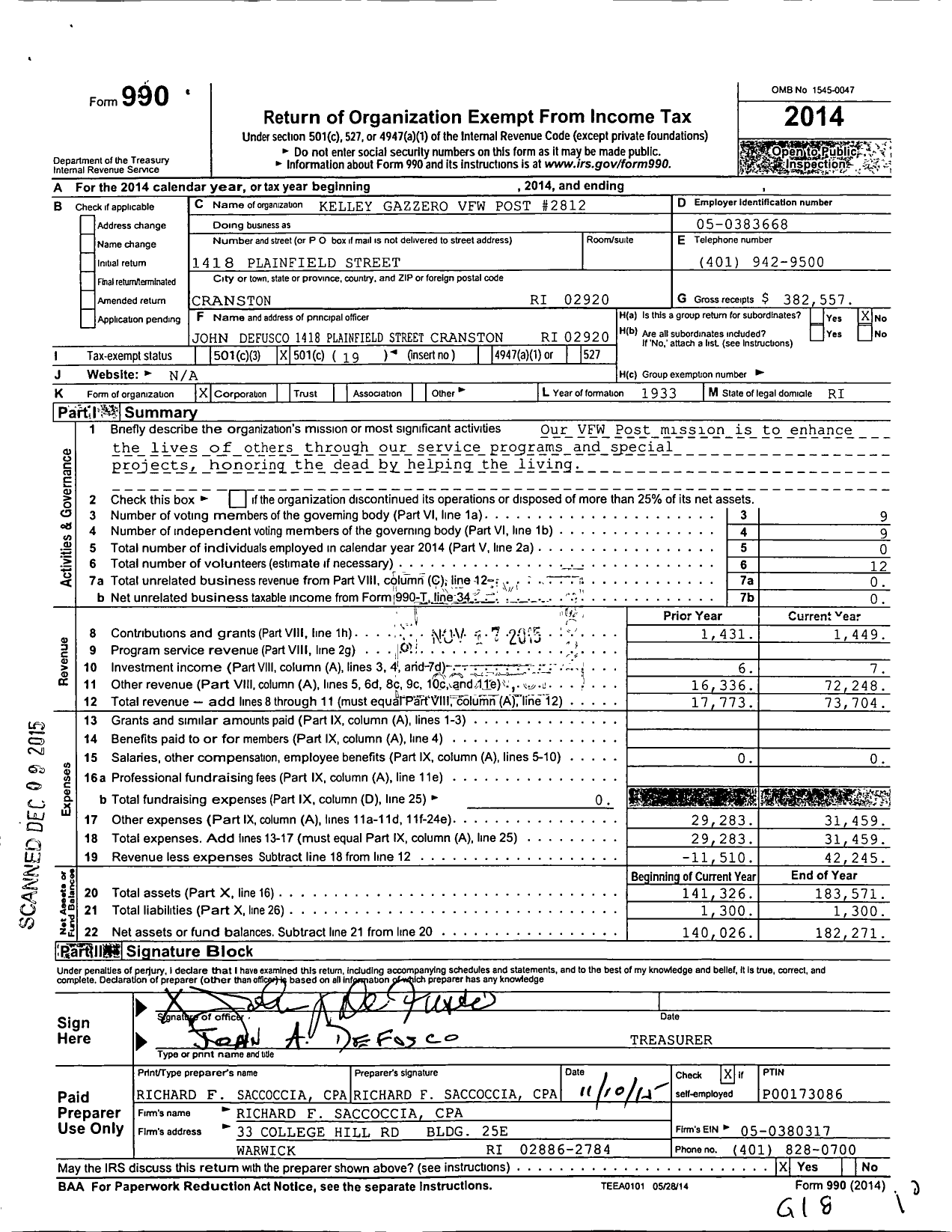 Image of first page of 2014 Form 990O for Veterans of Foreign Wars Dept of Rhode Island - 2812 Kelley Gazzero