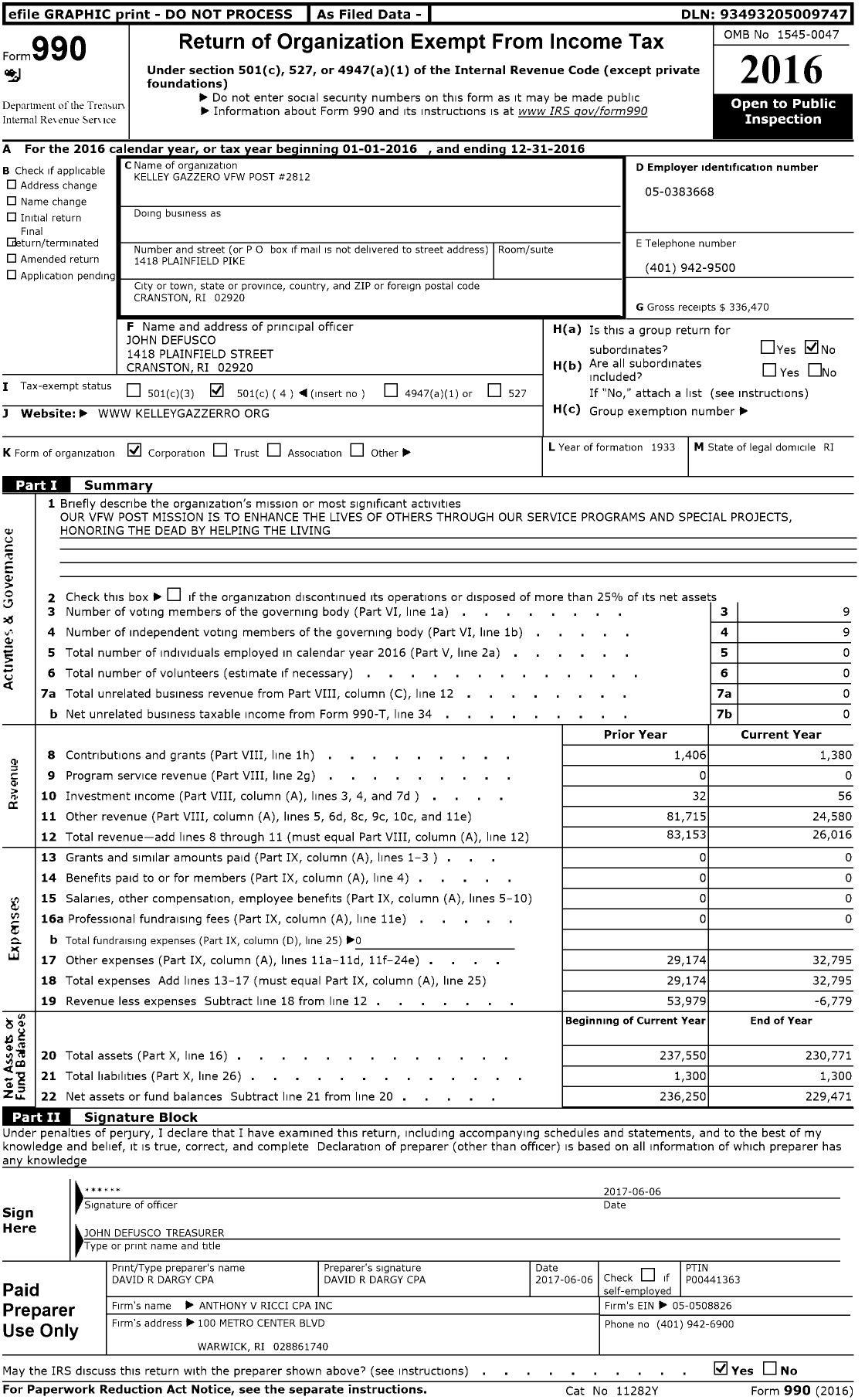 Image of first page of 2016 Form 990O for Veterans of Foreign Wars Dept of Rhode Island - 2812 Kelley Gazzero