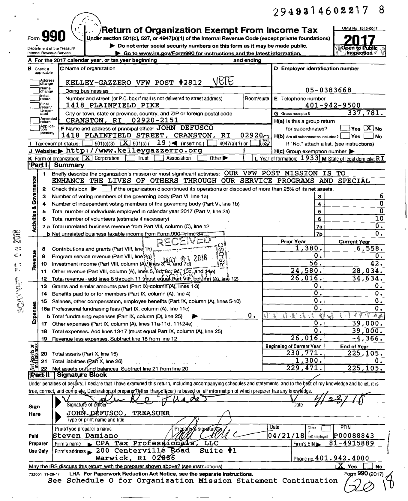 Image of first page of 2017 Form 990O for Veterans of Foreign Wars Dept of Rhode Island - 2812 Kelley Gazzero