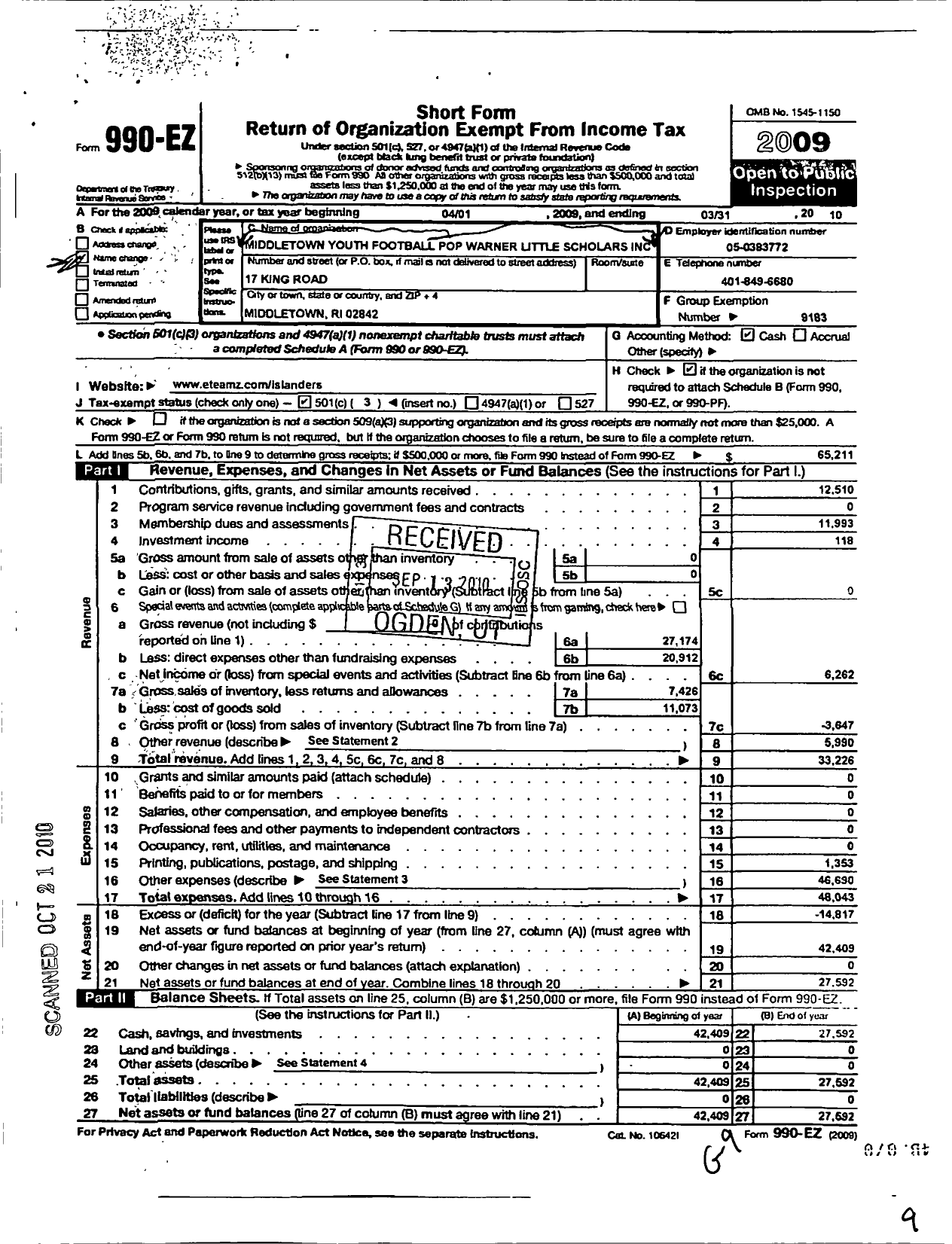 Image of first page of 2009 Form 990EZ for Pop Warner Little Scholars / Middletown Youth Football