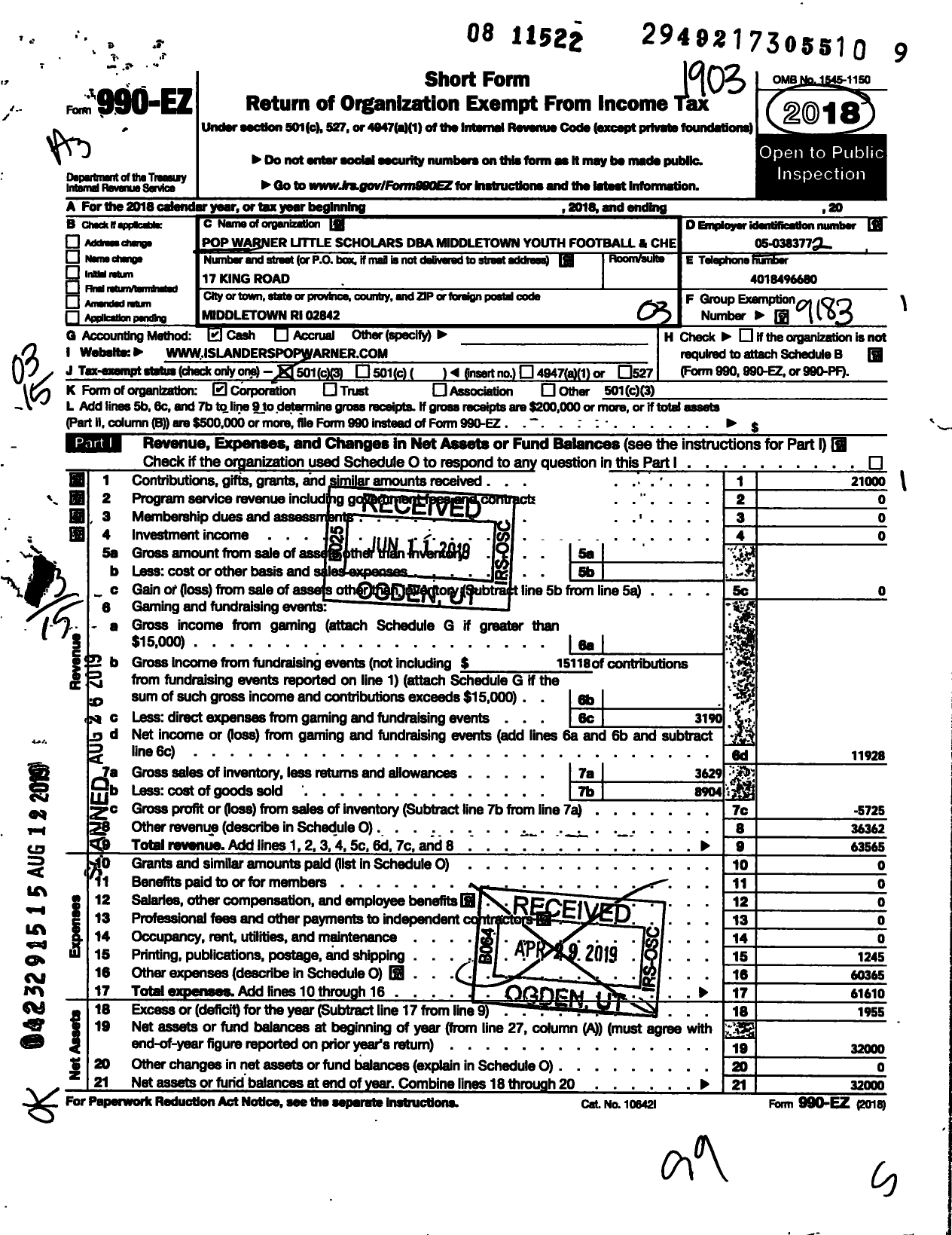 Image of first page of 2018 Form 990EZ for Pop Warner Little Scholars / Middletown Youth Football