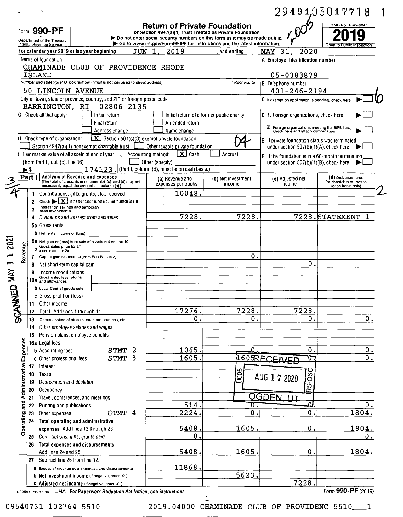 Image of first page of 2019 Form 990PF for Chaminade Club of Providence Rhode Island