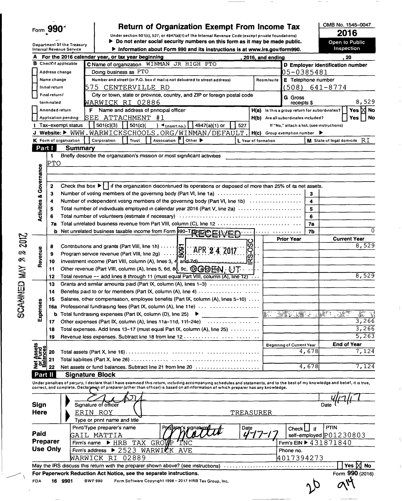 Image of first page of 2016 Form 990O for Winman Junior High School Pto