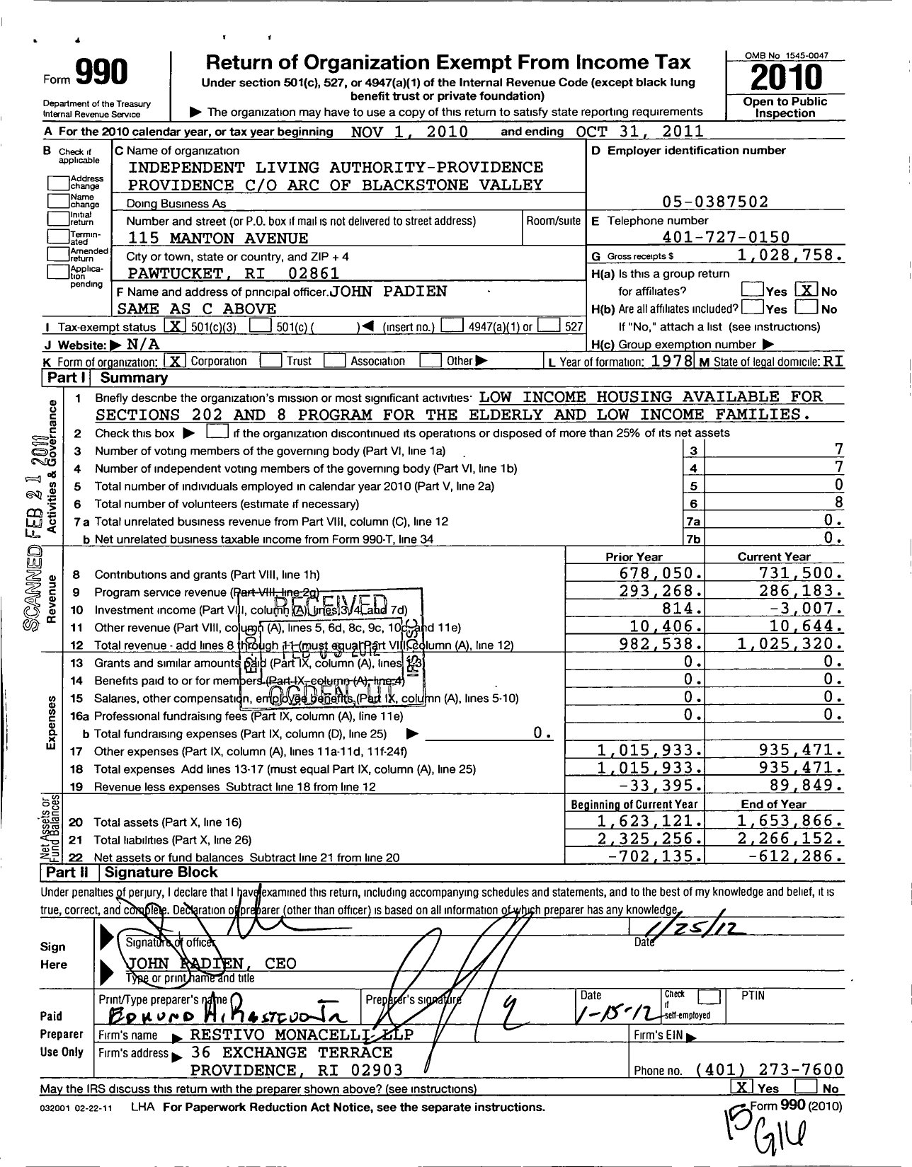 Image of first page of 2010 Form 990 for Independent Living Authority Providence