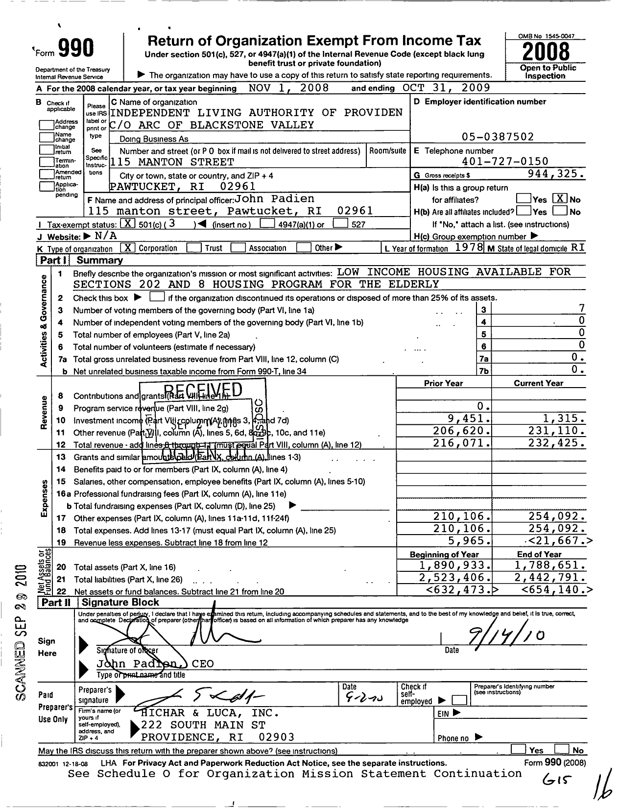 Image of first page of 2008 Form 990 for Independent Living Authority Providence