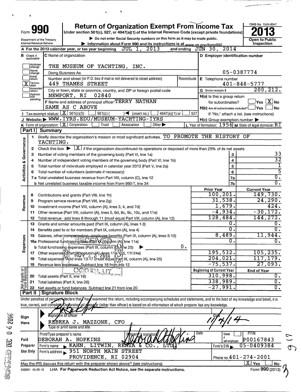 Image of first page of 2013 Form 990 for Museum of Yachting