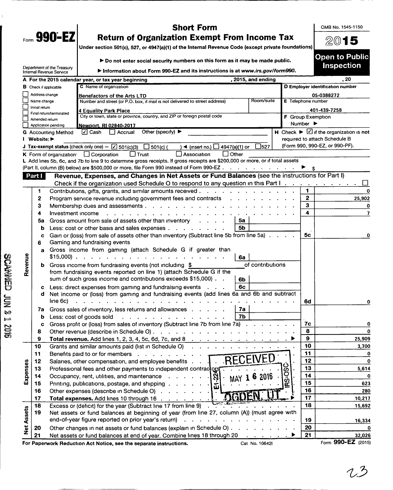 Image of first page of 2015 Form 990EZ for Benefactors for the Arts