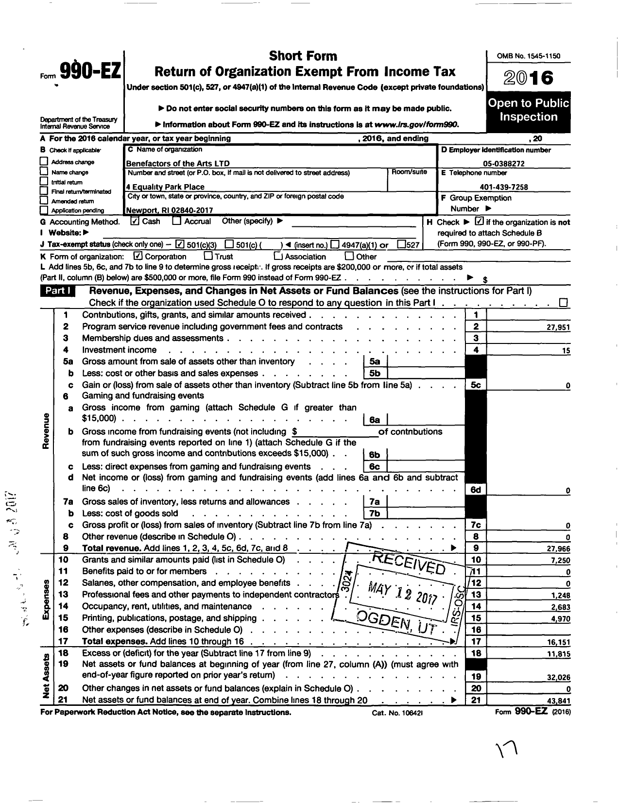 Image of first page of 2016 Form 990EZ for Benefactors for the Arts