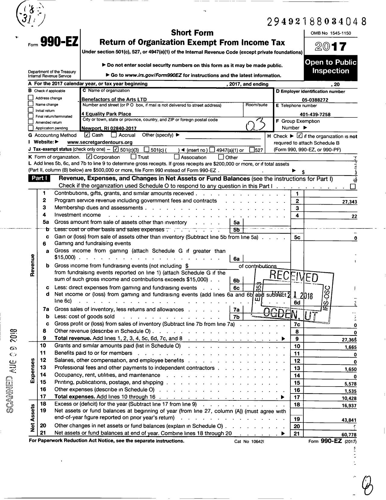 Image of first page of 2017 Form 990EZ for Benefactors for the Arts