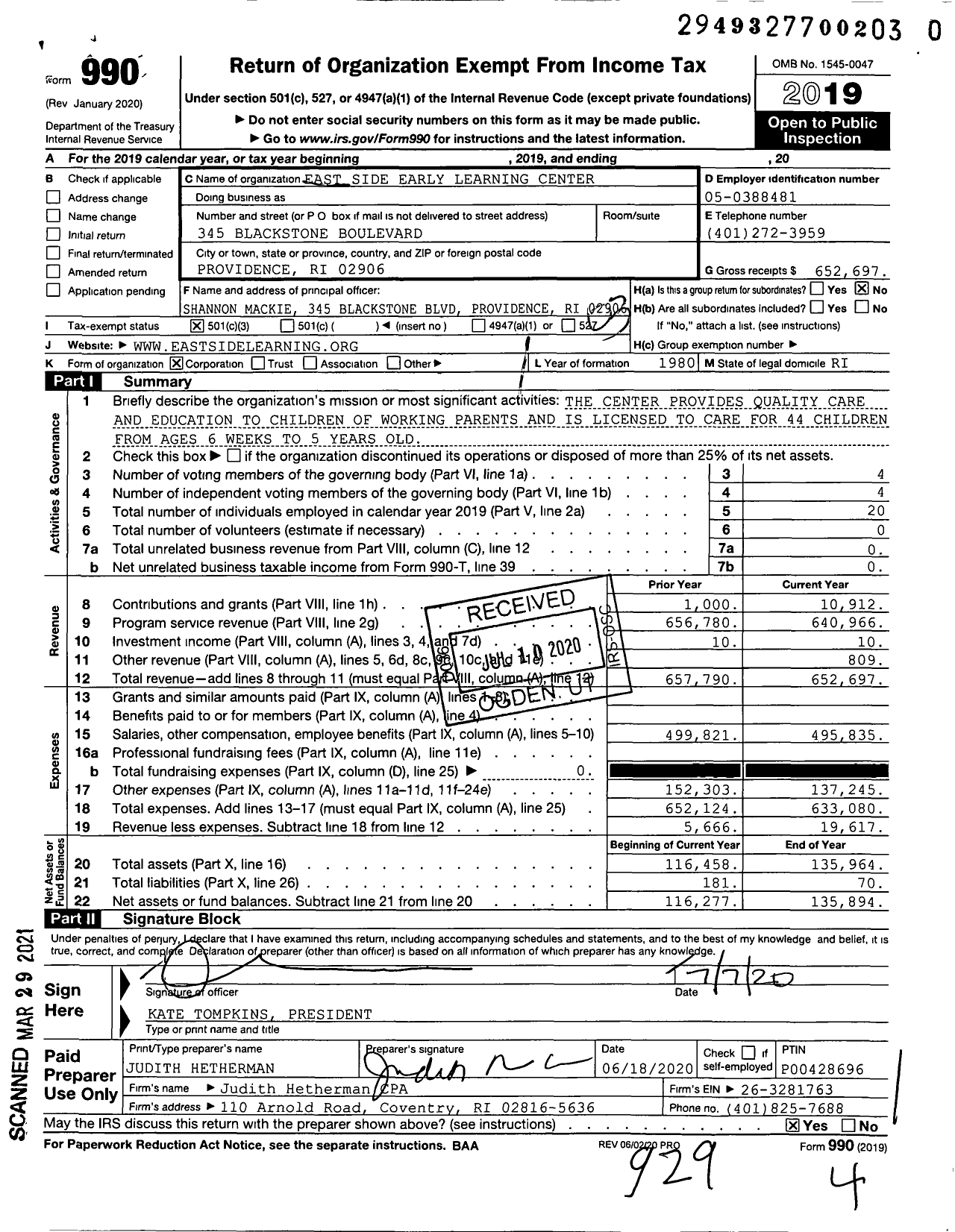 Image of first page of 2019 Form 990 for East Side Early Learning Center