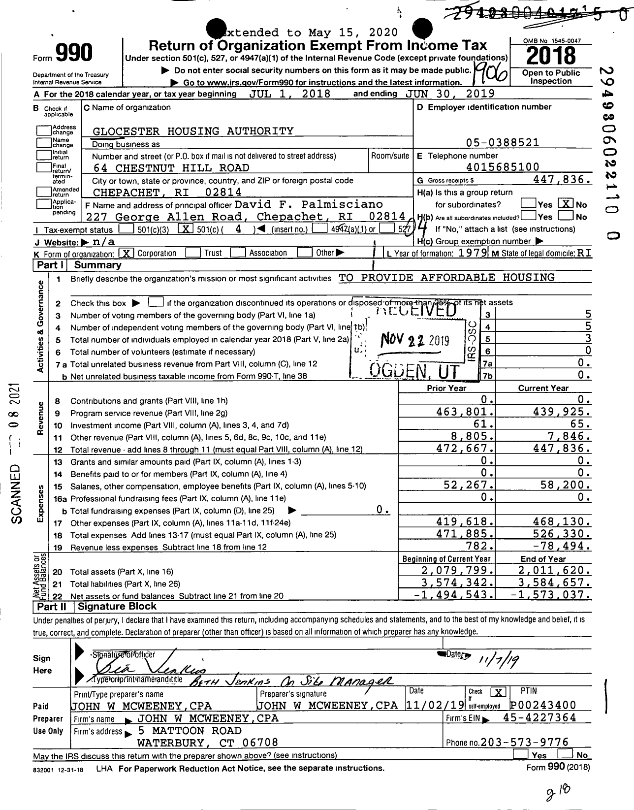 Image of first page of 2018 Form 990O for Glocester Housing Authority