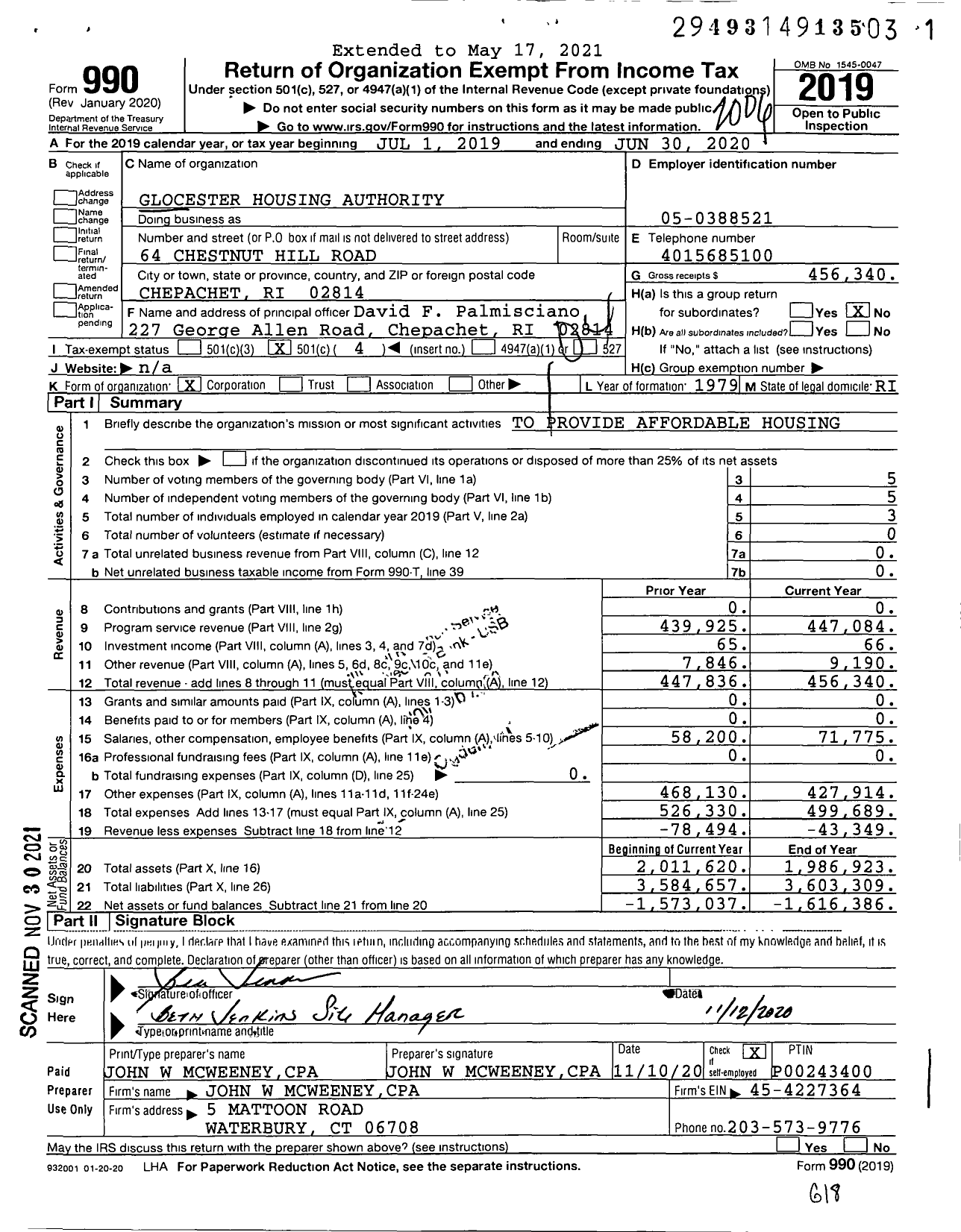 Image of first page of 2019 Form 990O for Glocester Housing Authority