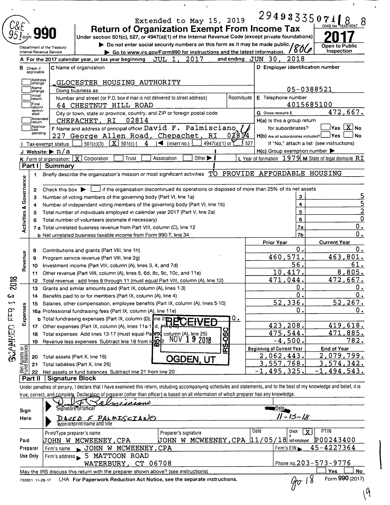 Image of first page of 2017 Form 990O for Glocester Housing Authority