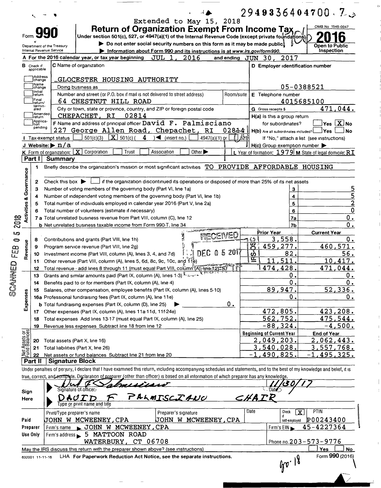 Image of first page of 2016 Form 990O for Glocester Housing Authority