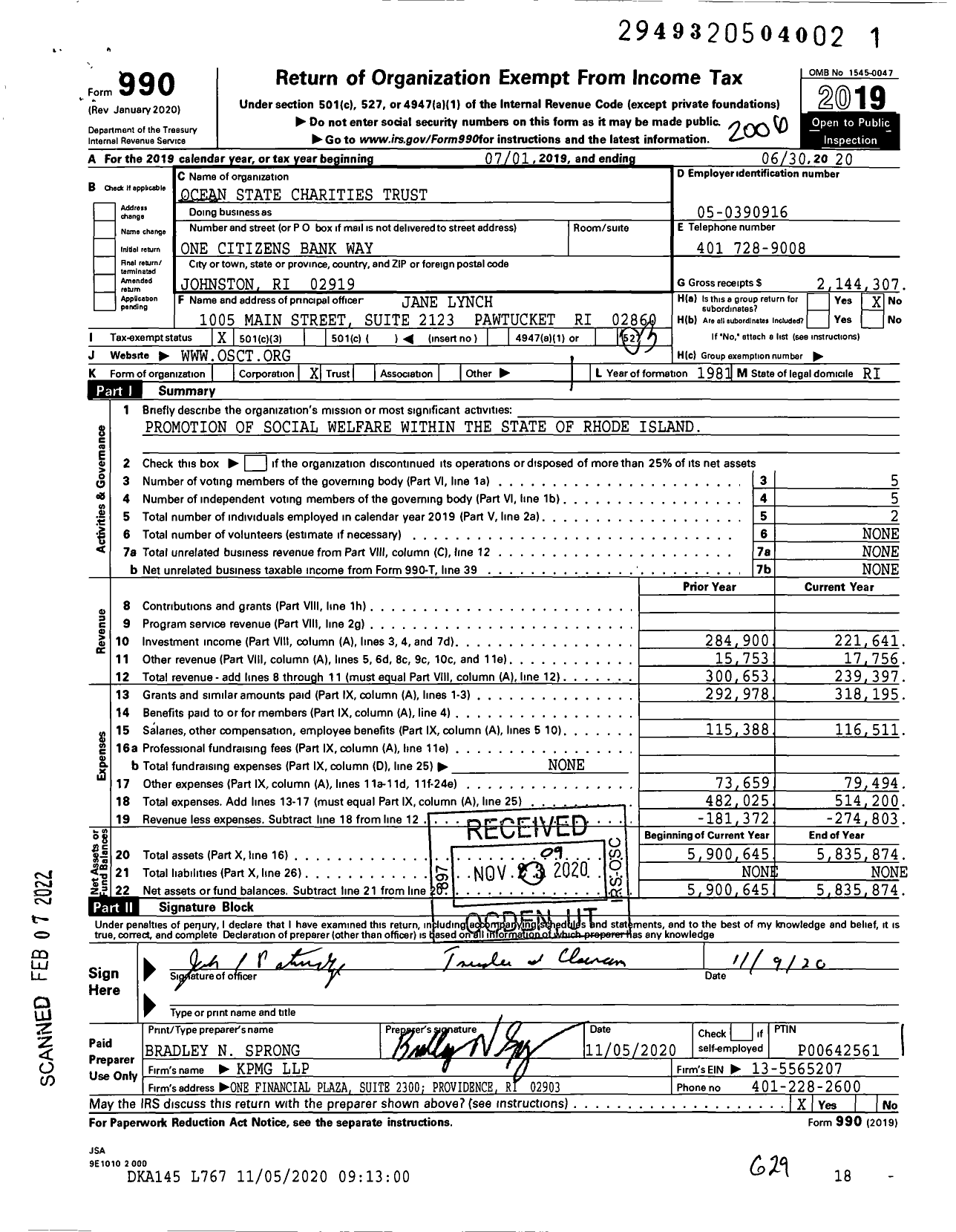 Image of first page of 2019 Form 990 for Ocean State Charities Trust