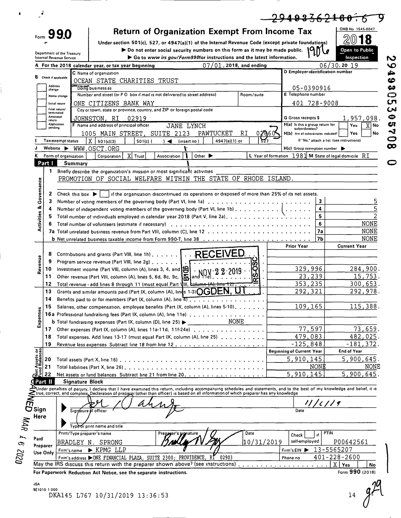 Image of first page of 2018 Form 990 for Ocean State Charities Trust