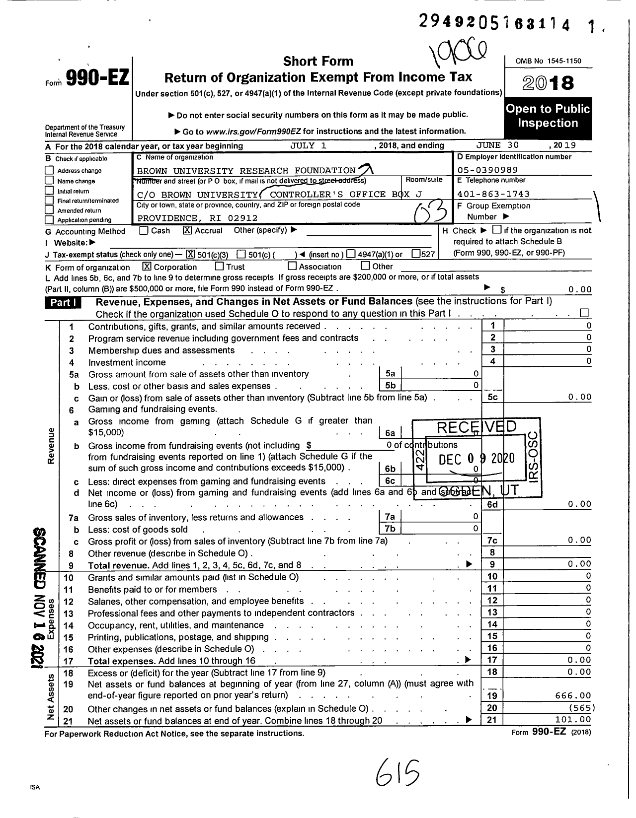 Image of first page of 2018 Form 990EZ for Brown University Research Foundation