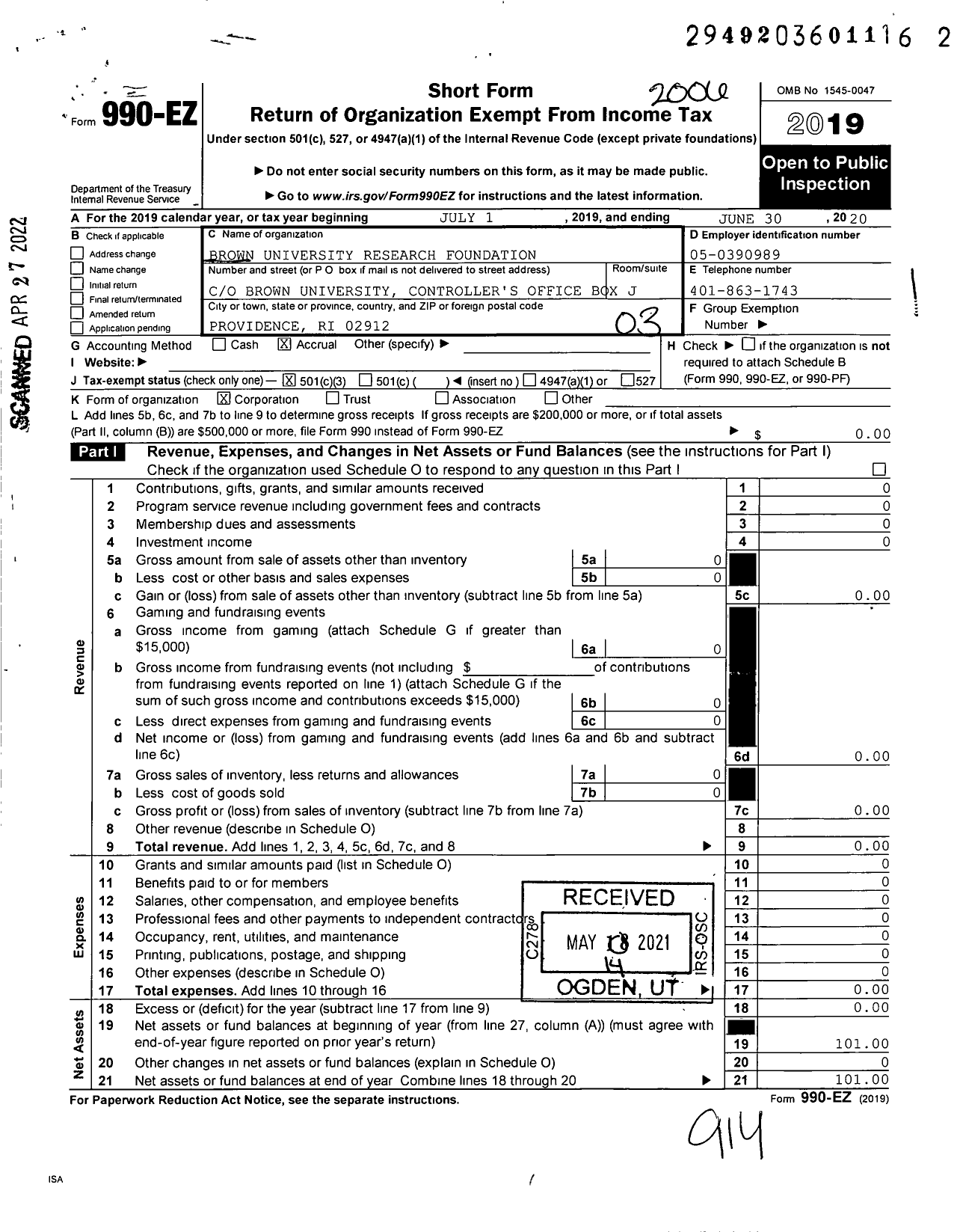 Image of first page of 2019 Form 990EZ for Brown University Research Foundation