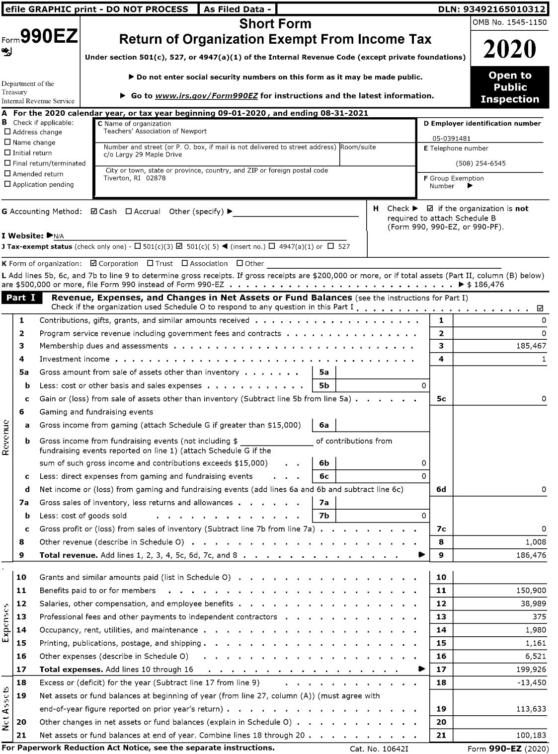 Image of first page of 2020 Form 990EO for Teachers' Association of Newport