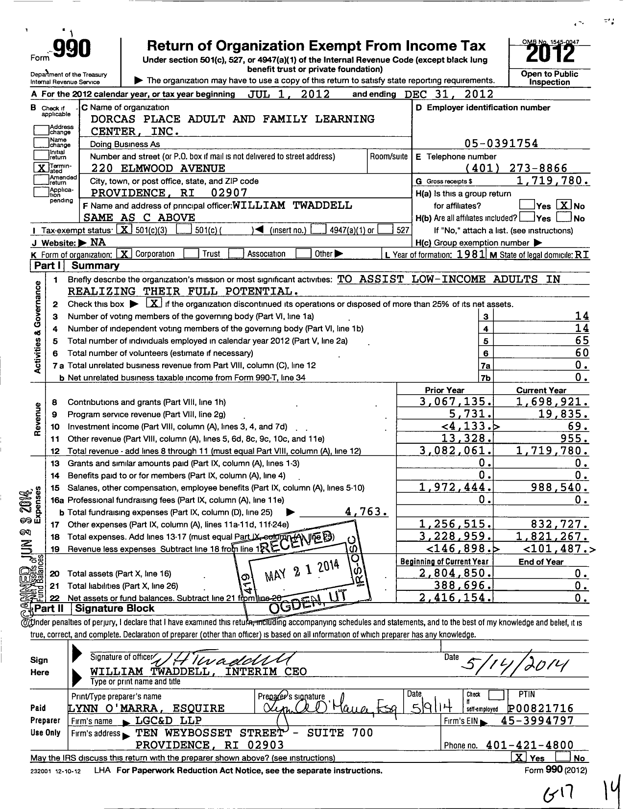 Image of first page of 2012 Form 990 for Dorcas Place Adult and Family Learning Center