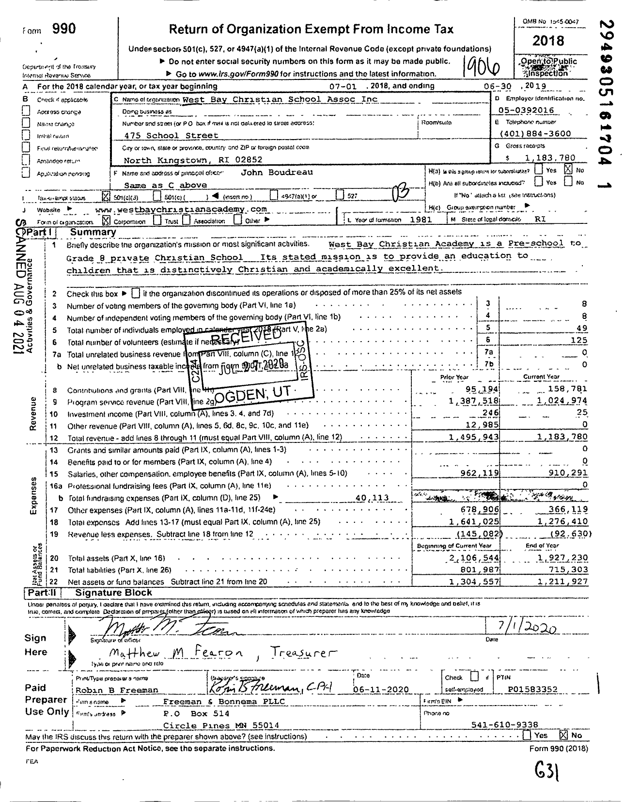 Image of first page of 2018 Form 990 for West Bay Christian Academy / West Bay Christian School Assoc Inc