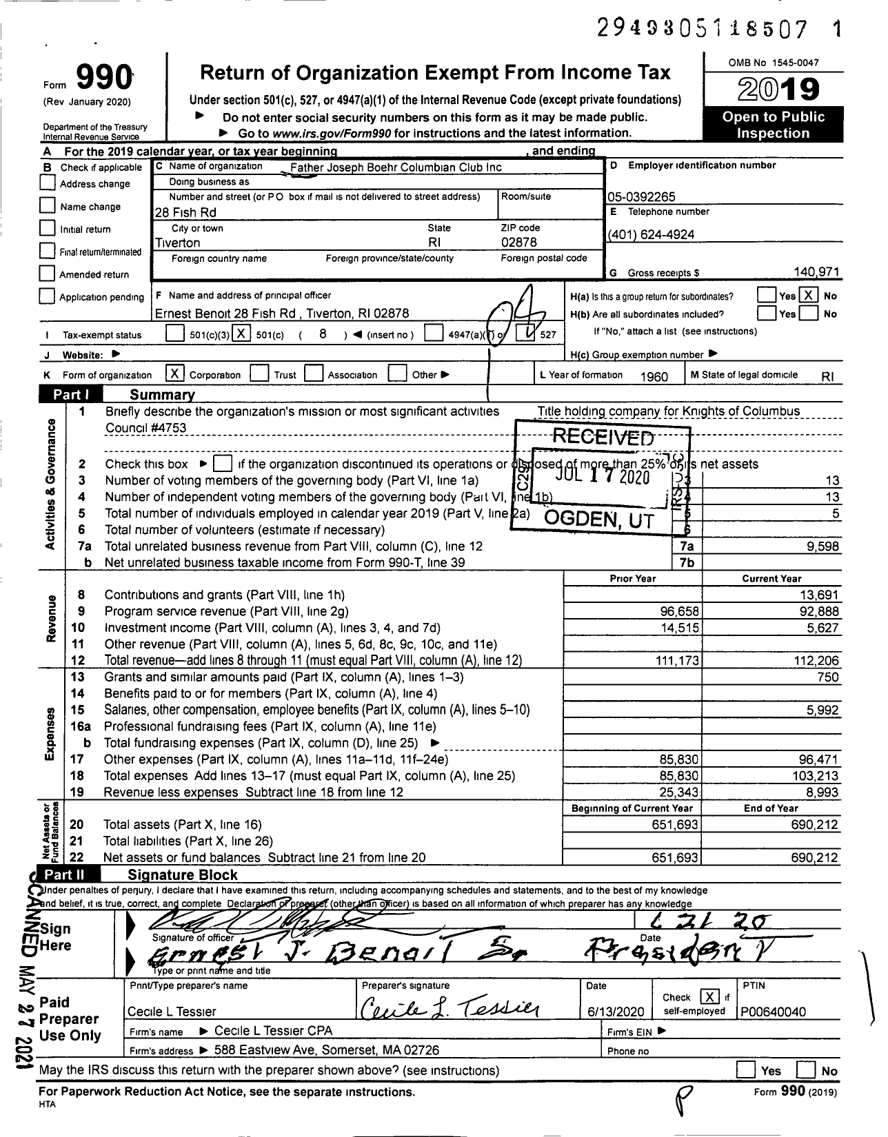 Image of first page of 2019 Form 990O for Father Joseph Boehr Columbian Club