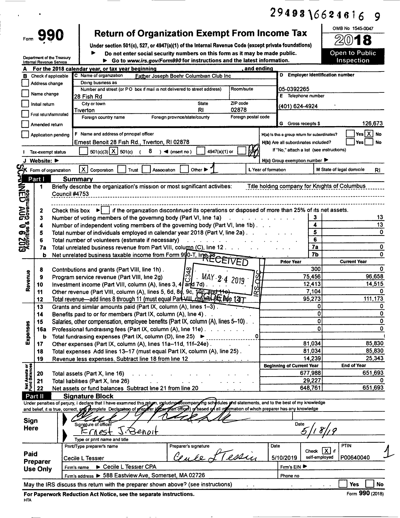 Image of first page of 2018 Form 990O for Father Joseph Boehr Columbian Club