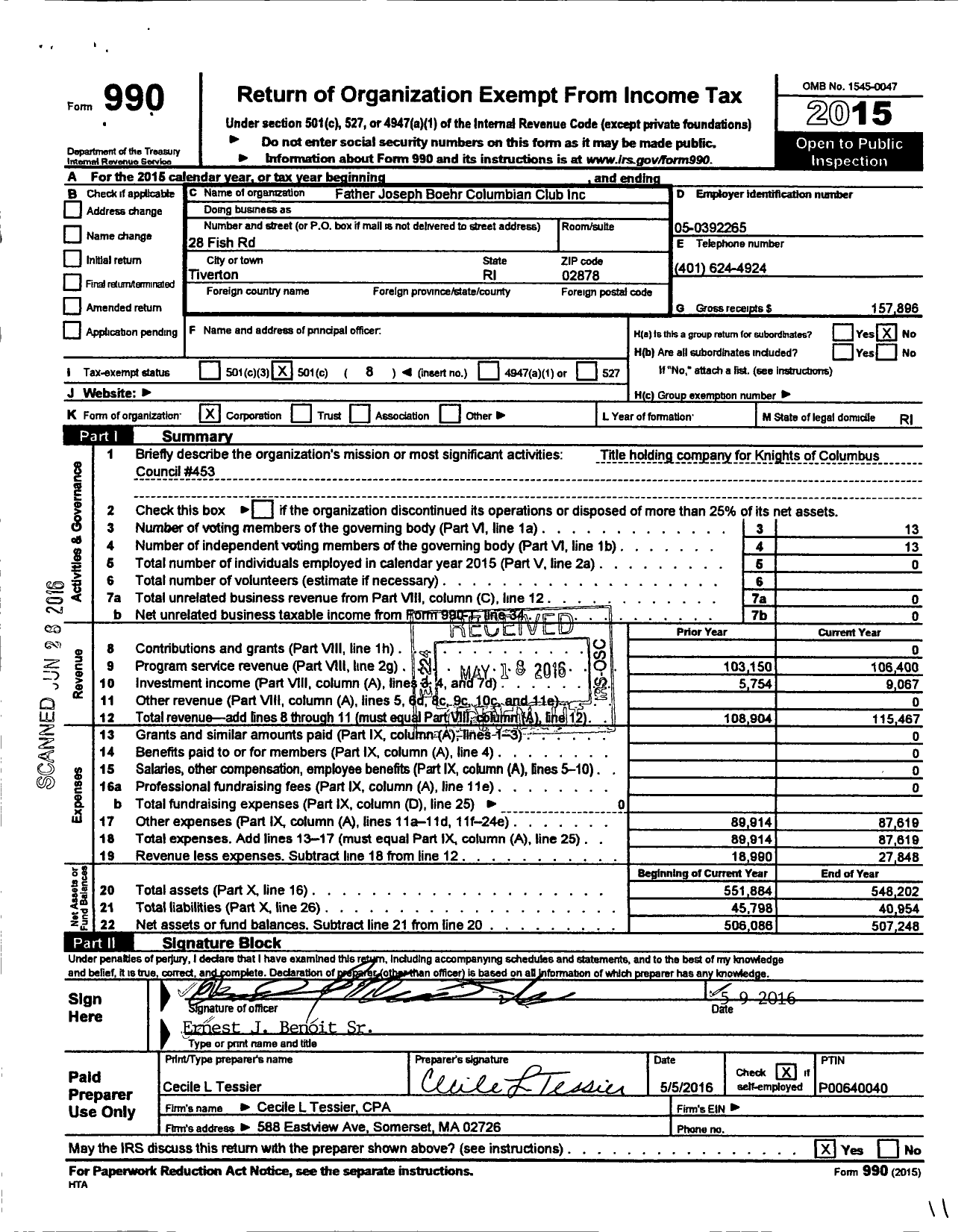 Image of first page of 2015 Form 990O for Father Joseph Boehr Columbian Club