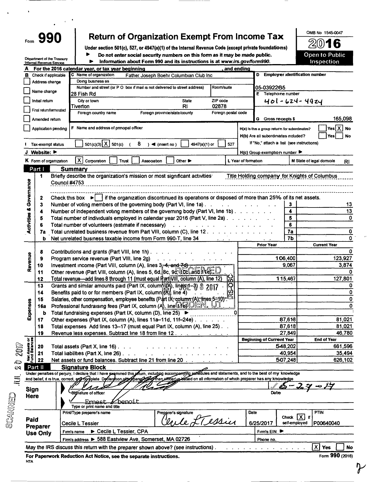 Image of first page of 2016 Form 990O for Father Joseph Boehr Columbian Club