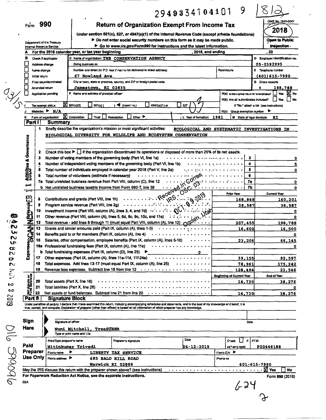 Image of first page of 2018 Form 990 for The Conservation Agency