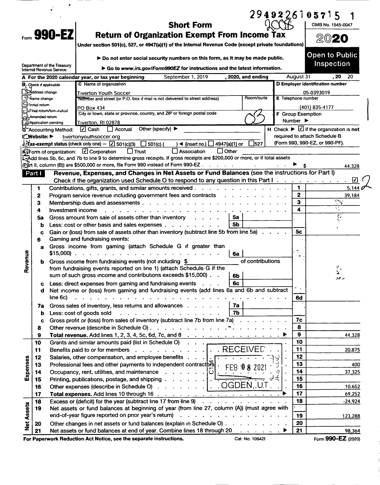 Image of first page of 2019 Form 990EZ for Tiverton Youth Soccer Association