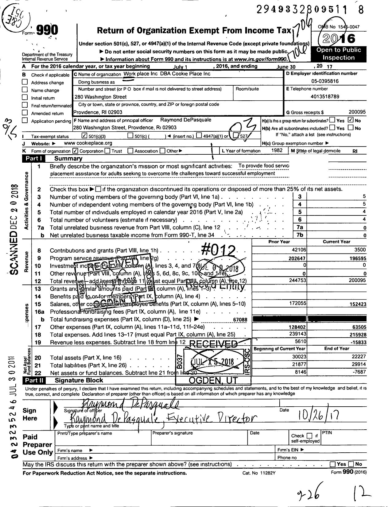 Image of first page of 2016 Form 990 for Cookie Place