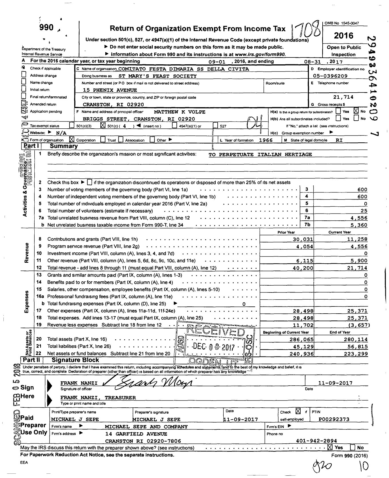 Image of first page of 2016 Form 990O for Comitato Festa Dimaria SS Della Civita St Mary's Feast