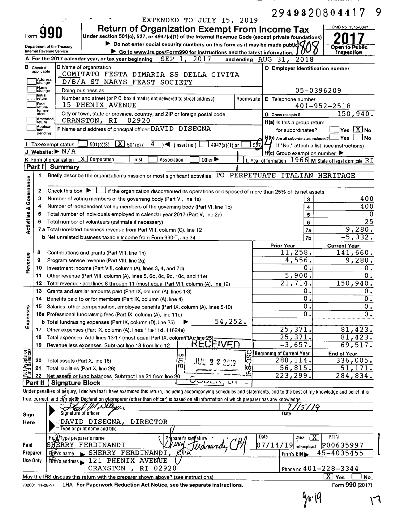 Image of first page of 2017 Form 990O for Comitato Festa Dimaria SS Della Civita St Mary's Feast