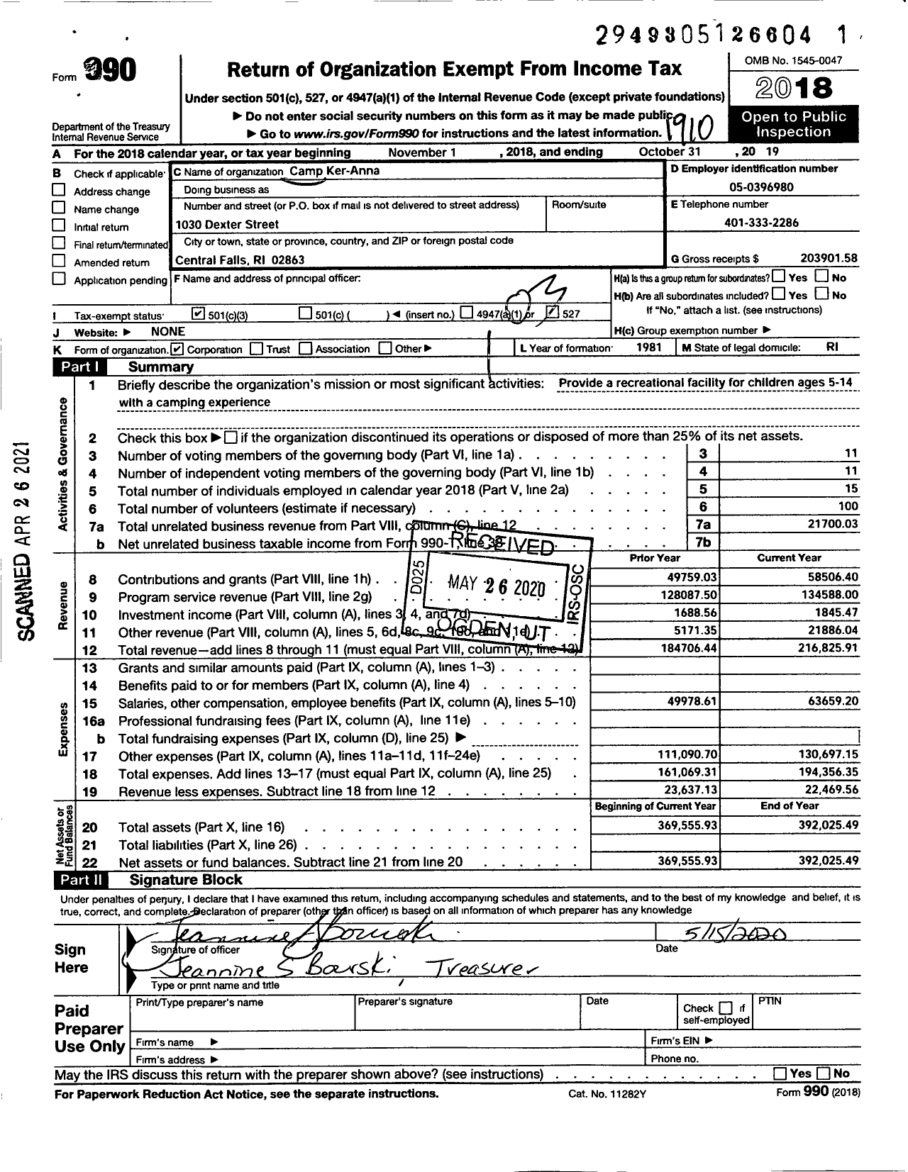 Image of first page of 2018 Form 990 for Camp Ker-Anna