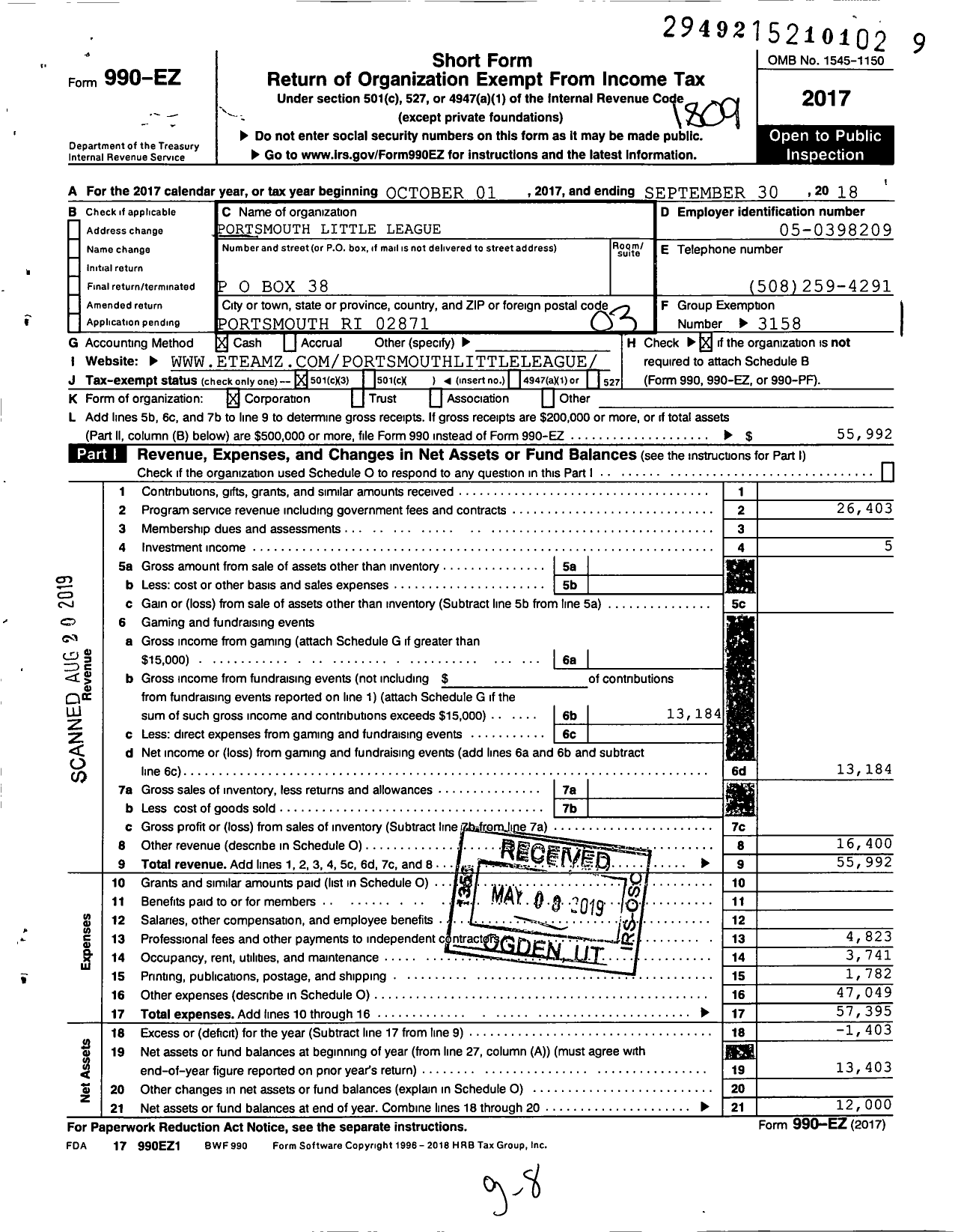 Image of first page of 2017 Form 990EZ for Little League Baseball - 2390213 Portsmouth LL