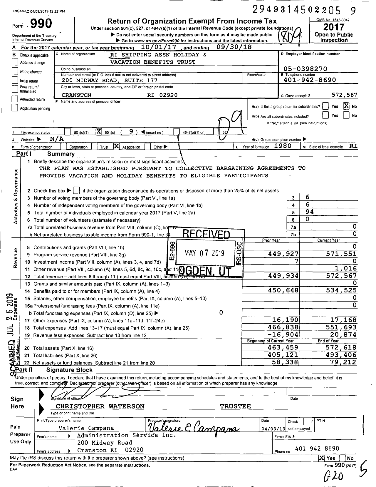 Image of first page of 2017 Form 990O for Ri Shipping Association Holiday and Vacation Benefits Trust