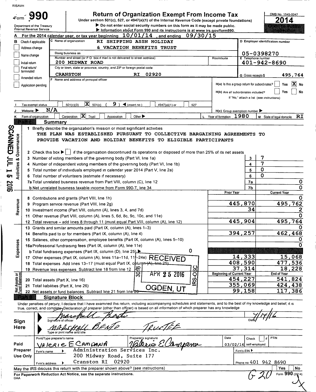 Image of first page of 2014 Form 990O for Ri Shipping Association Holiday and Vacation Benefits Trust
