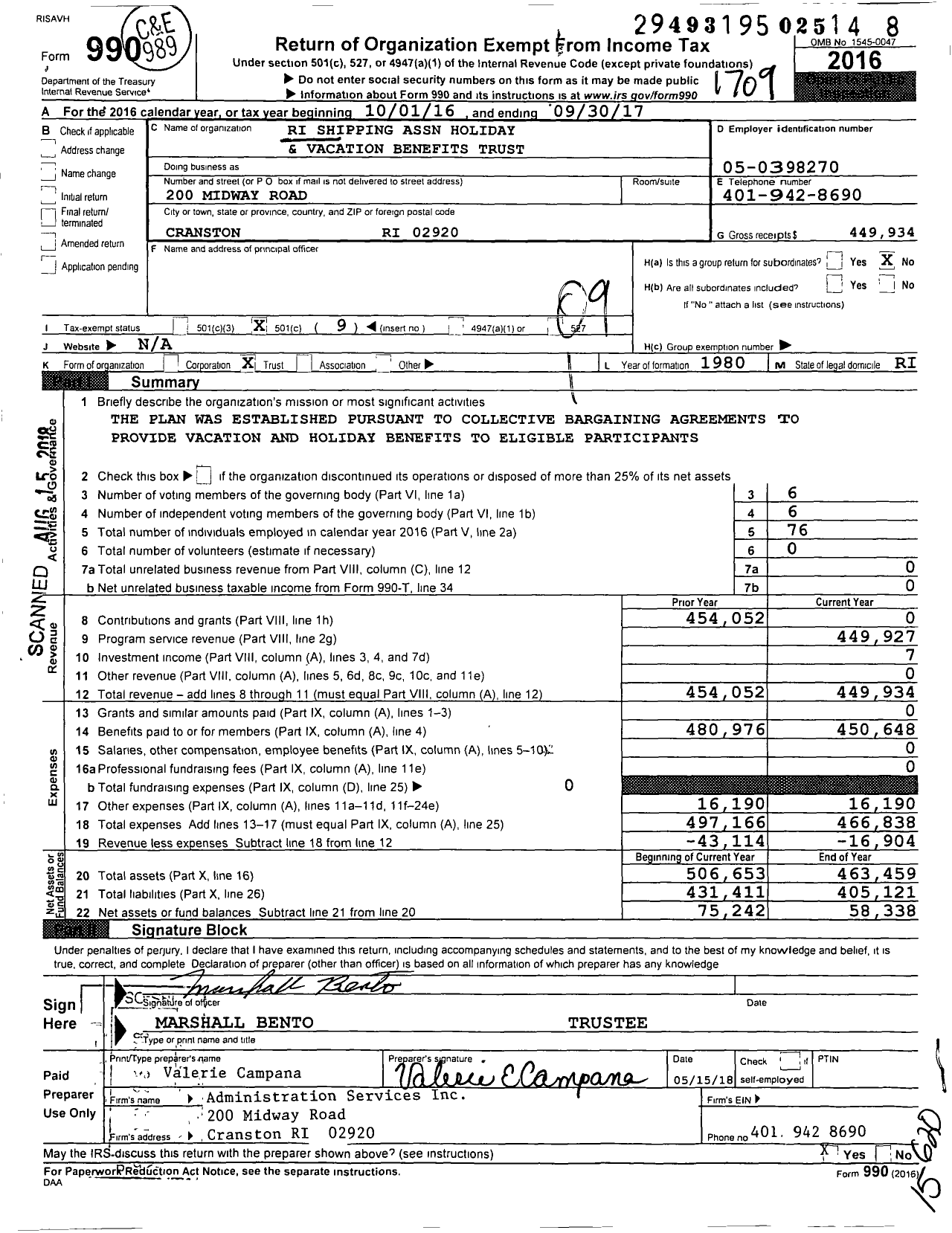 Image of first page of 2016 Form 990O for Ri Shipping Association Holiday and Vacation Benefits Trust