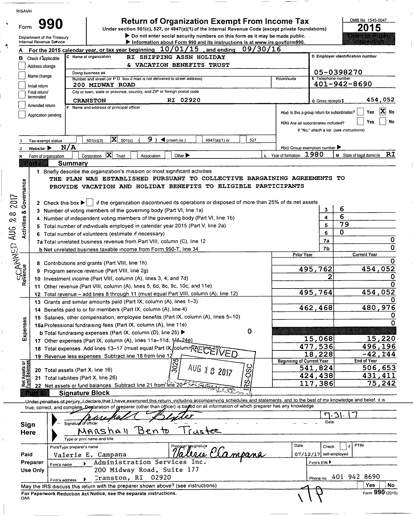 Image of first page of 2015 Form 990O for Ri Shipping Association Holiday and Vacation Benefits Trust