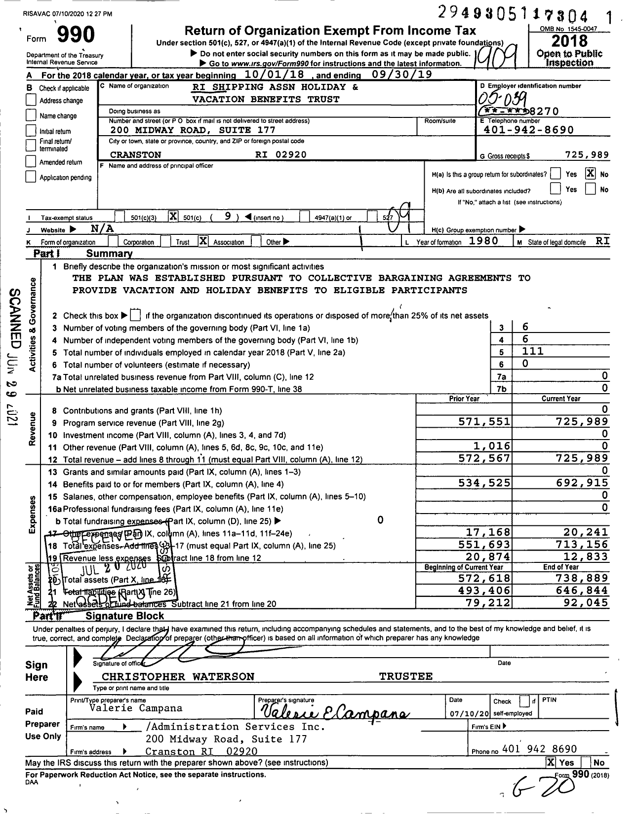 Image of first page of 2018 Form 990O for Ri Shipping Association Holiday and Vacation Benefits Trust