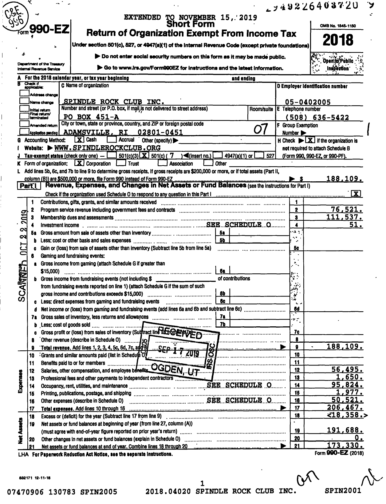 Image of first page of 2018 Form 990EO for Spindle Rock Club