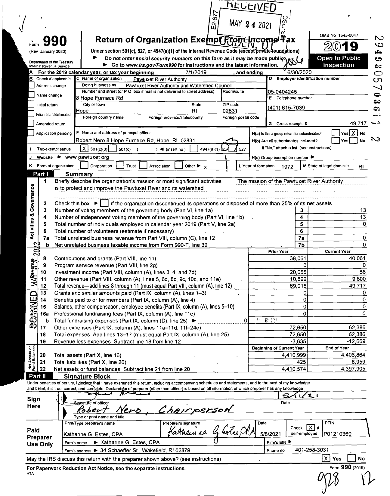 Image of first page of 2019 Form 990 for Pawtuxet River Authority and Watershed Council