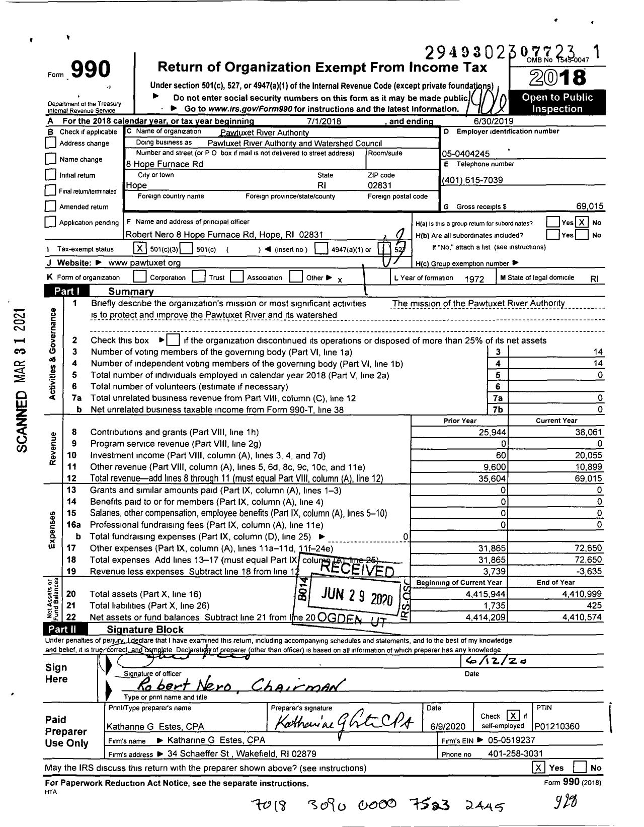 Image of first page of 2018 Form 990 for Pawtuxet River Authority and Watershed Council