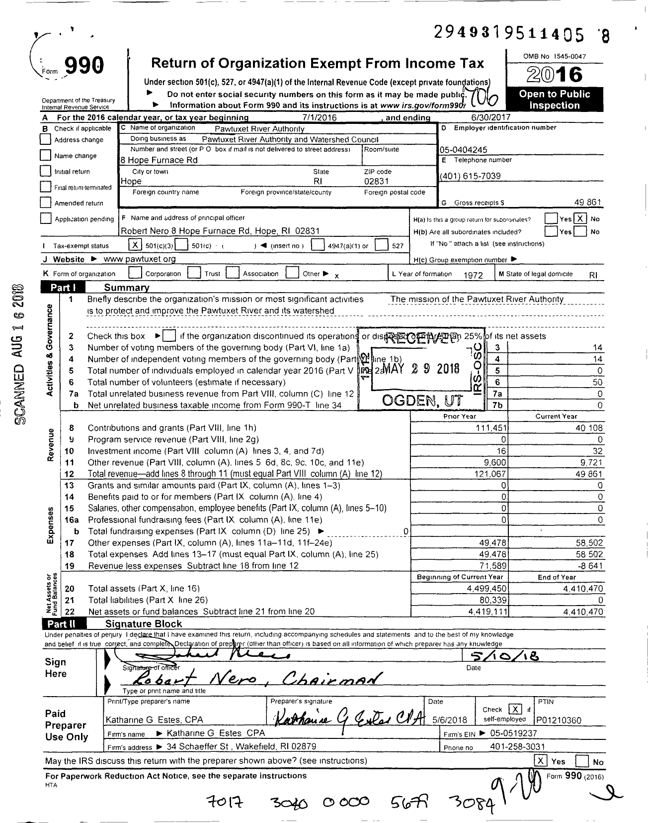 Image of first page of 2016 Form 990 for Pawtuxet River Authority and Watershed Council