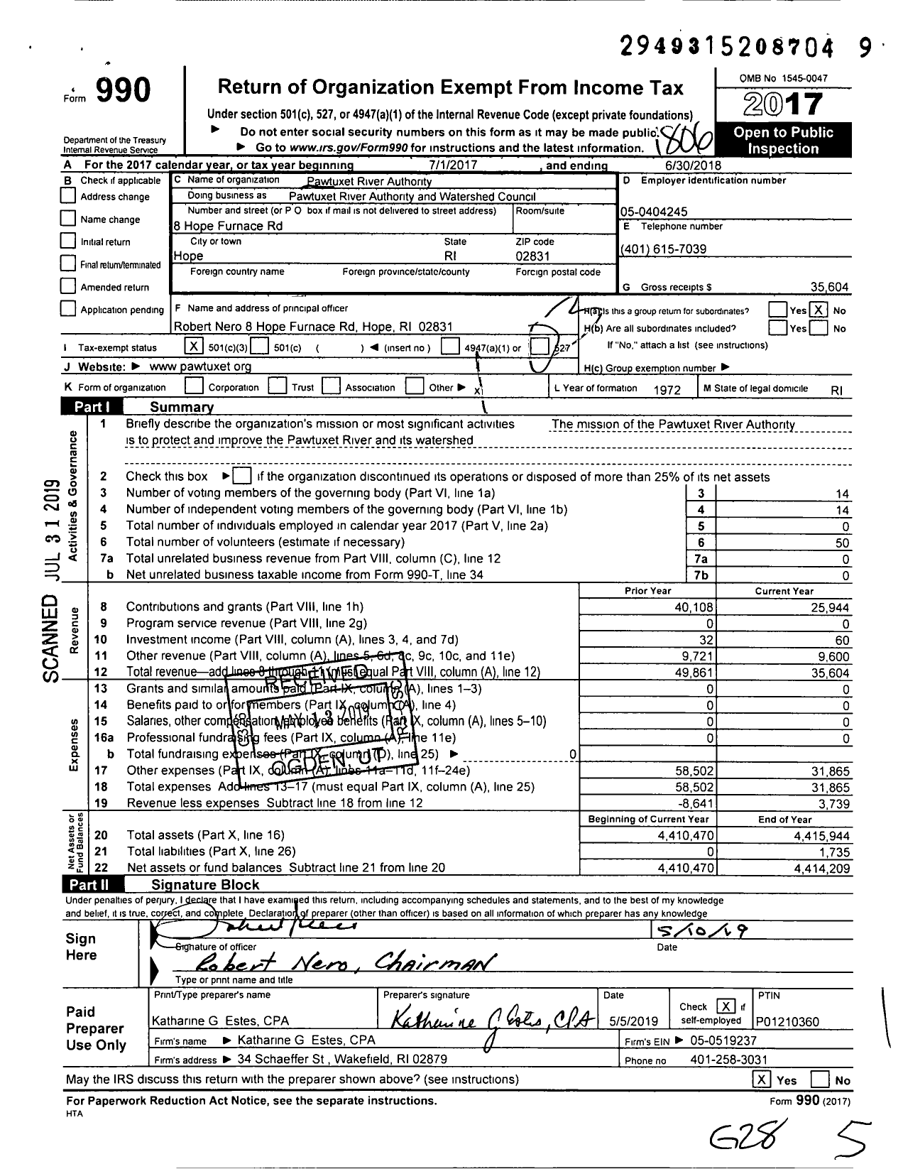 Image of first page of 2017 Form 990 for Pawtuxet River Authority and Watershed Council