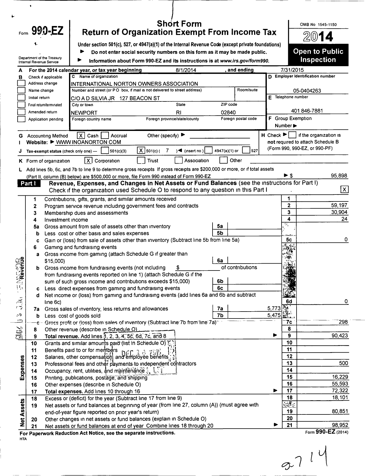 Image of first page of 2014 Form 990EO for United States Norton Owners Association