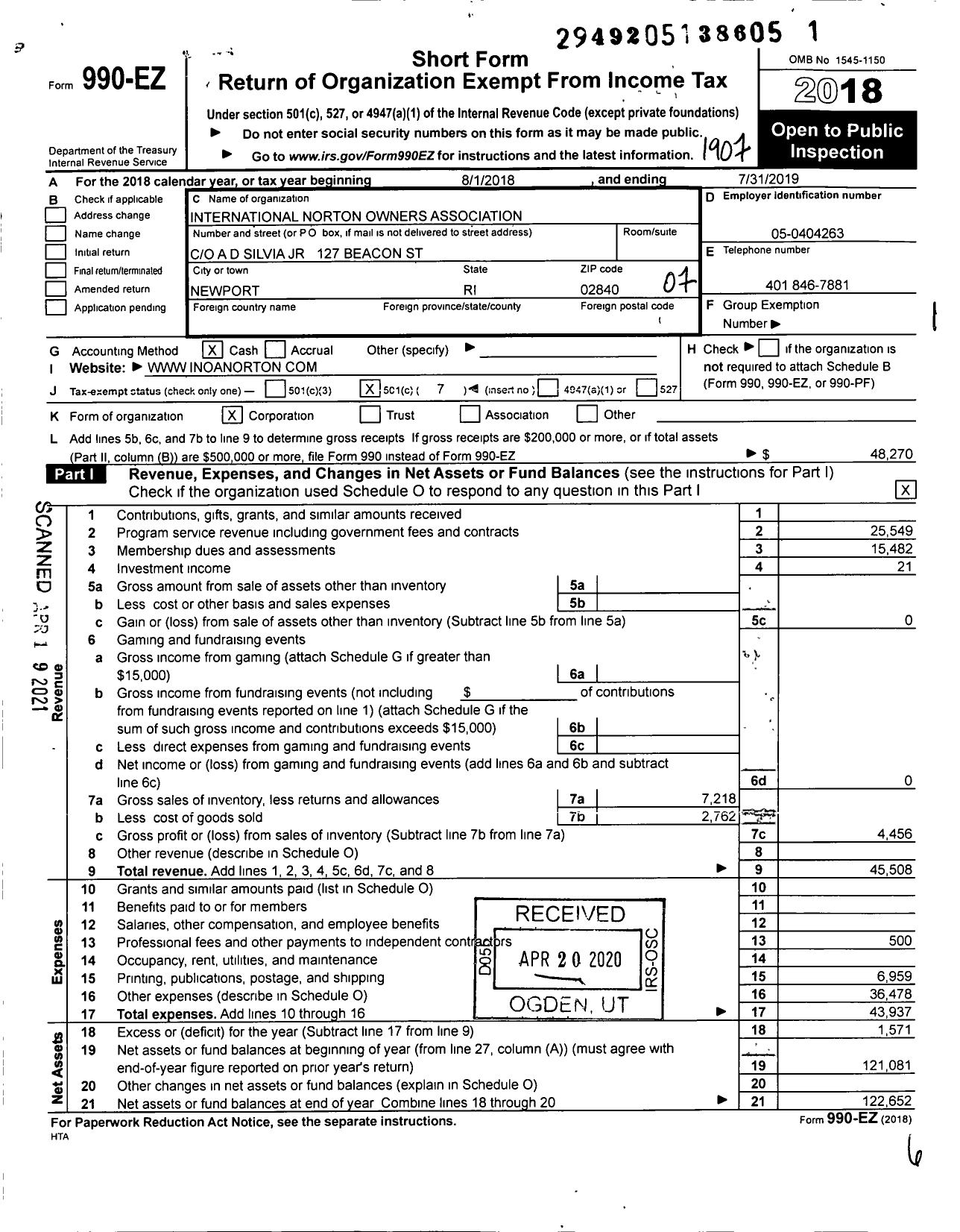 Image of first page of 2018 Form 990EO for United States Norton Owners Association