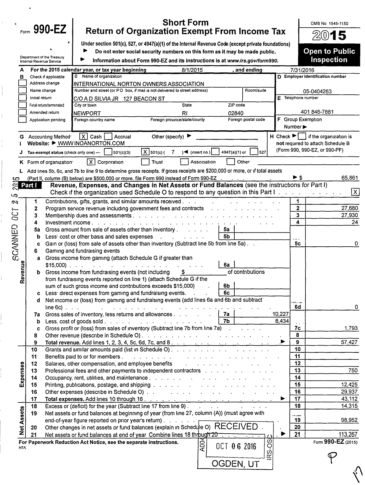 Image of first page of 2015 Form 990EO for United States Norton Owners Association