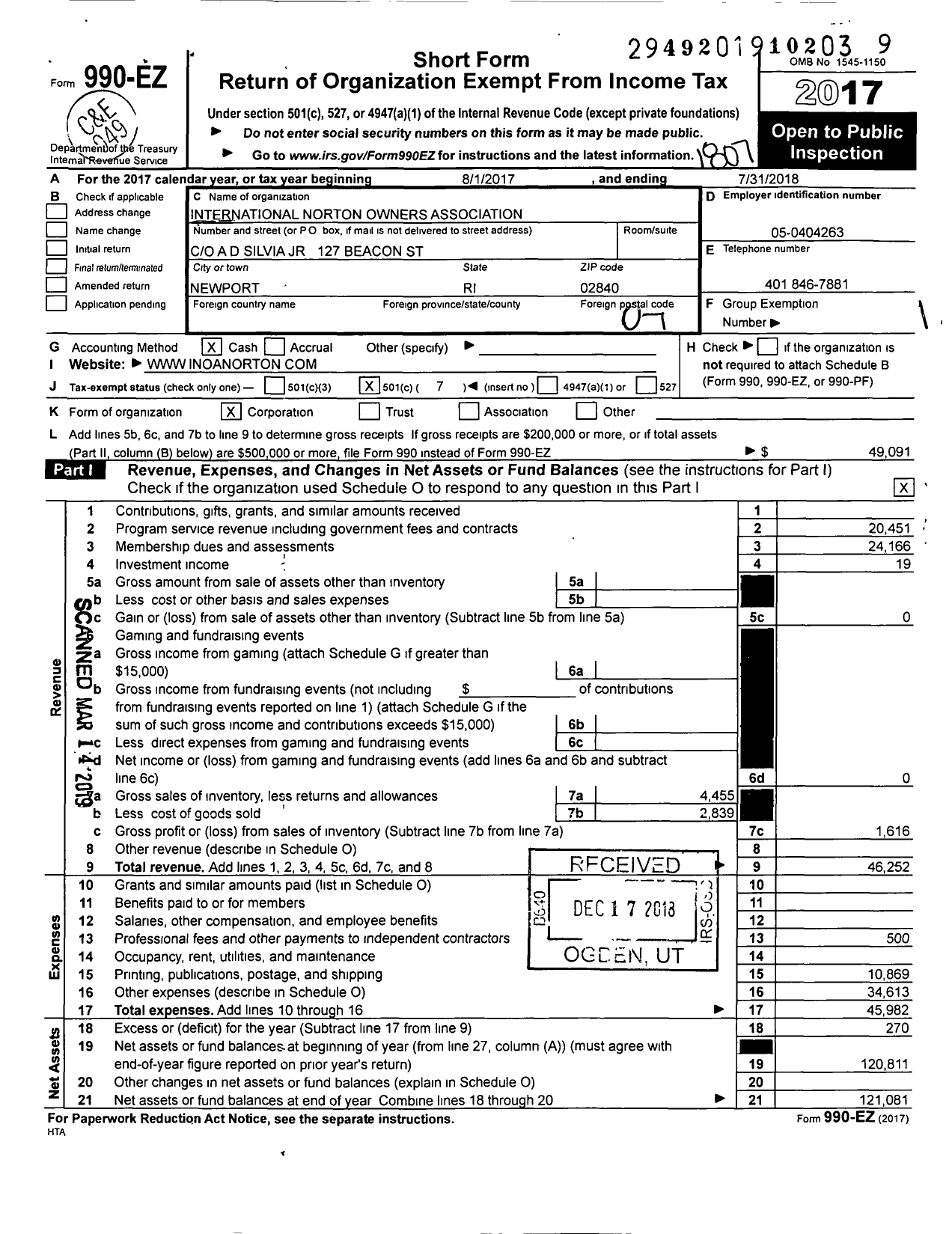 Image of first page of 2017 Form 990EO for United States Norton Owners Association